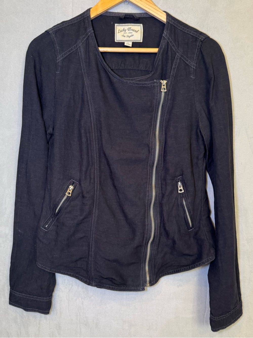 Lucky Brand Black Linen Blend Moto Jacket Size S Asymmetrical Zip Utility